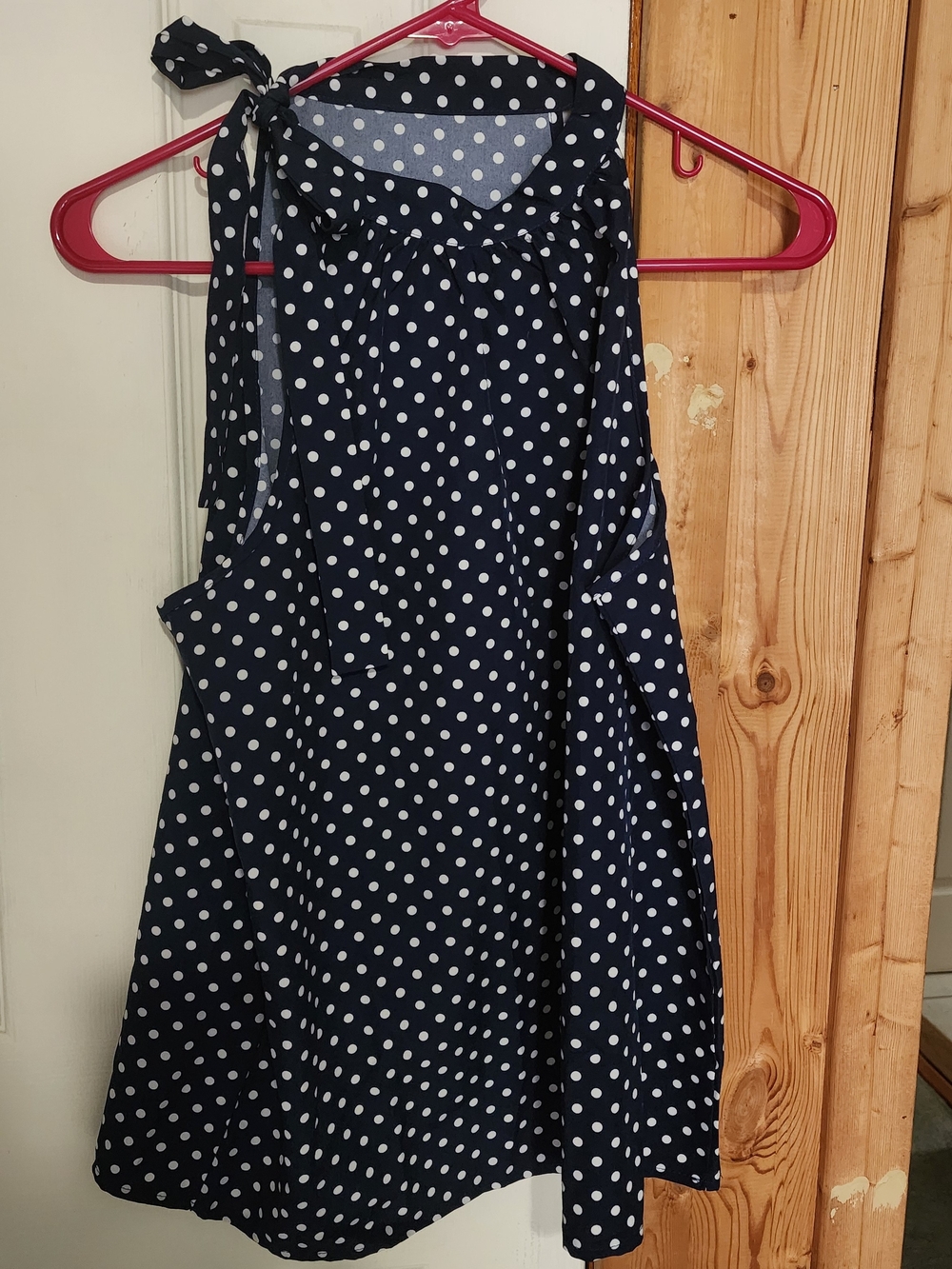 Navy Polka Dot Halter Dress with Tie Neck